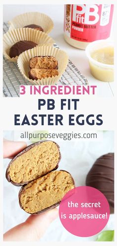 three different pictures with the words 3 ingredient pb - fit easter eggs on them