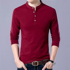 Men's Henley Shirt Tee Plain Henley Street Daily Long Sleeve Button-down Clothing Apparel Cotton Basic Sports Fashion Simple Long Sleeve Cotton Polo Shirt With Buttons, Mens Henley, Henley Shirts, Workout Tee, Sport Fashion, Stand Collar, Black And Navy, Mens Long Sleeve, Long Sleeve T Shirt