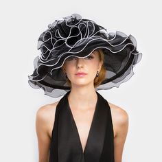 Style No : [444366] H2148-Bw Color : Black, White Size : One Size / Adjustable Band Crown Circumference: 22" Crown Height :4.5 " Diameter Width : 16" Medium Loopy Organza Hat Black Brimmed Sun Hat For Evening, Black Summer Party Hat, Black Evening Hat For Spring, Black Short Brim Party Sun Hat, Black Short Brim Sun Hat For Party, Black Party Sun Hat With Short Brim, Fitted Black Hat For Spring, Fitted Black Spring Hat, Black Wide Brim Hats For Spring