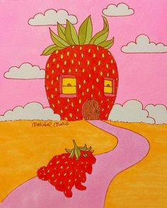 a painting of a strawberry on the side of a road