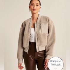 Never Worn Abercrombie Sherpa Bomber Jacket. Warm Velvet Inside Fall Layering Taupe Outerwear, Taupe Outerwear For Fall Layering, Fall Taupe Outerwear For Layering, Taupe Outerwear For Everyday Fall Wear, Everyday Taupe Outerwear For Fall, Sherpa Fabric, New Jacket, Teddy Jacket, Trim Detail