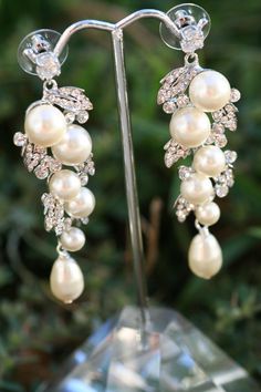 a pair of earrings with pearls and crystals on top of a clear crystal stand in front of some bushes