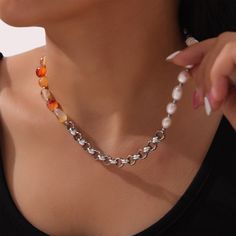 Style: Women Metal Material: Titanium Steel, Freshwater Pearl, Natural Stone Pearl Type: Cultured Pearl Color: White Necklace Length: 45cm White Alloy Necklaces For Jewelry Making, White Beaded Necklace With Adjustable Chain, Orange Pearl Necklace As A Gift, Orange Pearl Necklace As Gift, Orange Pearl Necklace For Gifts, Orange Pearl Necklace For Gift, White Chain Necklace With Lobster Clasp, White Round Chain Necklace With Lobster Clasp, Chic Natural