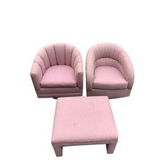 three pink chairs and a footstool on a white background