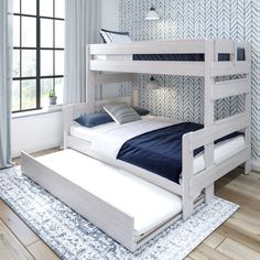 Rustic Twin over Full Bunk Bed + Trundle Bunk Beds Plank+Beam White Wash Queen Bunk Bed Ideas, Rustic Wood Bed, Queen Bunk Bed, Adult Bunk Beds, Queen Bunk Beds, Airbnb Ideas, Twin Over Twin Bunk Bed, Solid Wood Bed Frame, Twin Over Full Bunk Bed