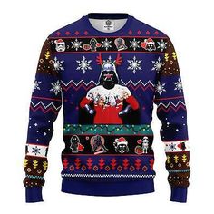 a star wars christmas sweater with darth vader and snowflakes on it