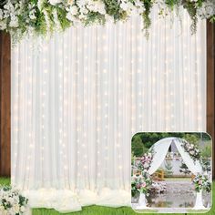 the wedding backdrop is decorated with white flowers and greenery, along with an image of a gazebo