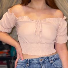 Adorable Blush Pink Off The Shoulder Cropped Blouse With Ruffle Details And A Cinched Waist So Cute And In Perfect Condition! Never Worn Due To Being A Little Small On Me Marked As Size M, Would Better Fit An Xs/S #Ruffles #Pink #Trendy #Vintage #Shein Cropped Blouse, Shein Tops, Crop Blouse, Cinched Waist, Blush Pink, Ruffles, Off The Shoulder, Blush, Womens Tops