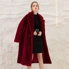 Luxe Autumn winter wine red thick pure wool coat lapel velvet coat- Teddy Formal Long Fur Coat For Winter, Elegant Winter Fur Coat, Elegant Solid Color Fur Coat For Winter, Formal Long Sleeve Fur Coat For Winter, Chic Burgundy Winter Outerwear, Elegant Red Pea Coat For Winter, Elegant Red Wool Coat For Winter, Chic Burgundy Outerwear For Winter, Elegant Fur Coat With Lapel Collar For Fall