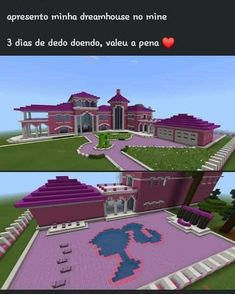 two different views of a pink house in minecraft, with the same building on each side