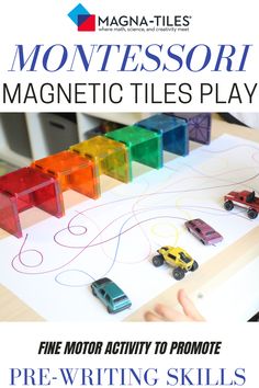 an image of montessor magnetic tiles play with the title fine motor activity to promote pre - writing skills