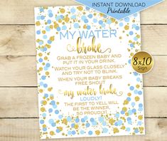 baby shower sign with blue and gold confetti on it, instant printable