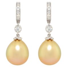 The golden pearl and diamond drop earrings feature two 15 x 13 mm pearls of fine quality nacre, splendid lustre, and intense golden color. The pearls are suspended from hoops set with round diamonds en pavé via two larger diamonds of 0.12 each. The total weight of diamonds is 0.55 carats. Our diamonds are of of top quality (color, clarity and cut, F/G-VVS). All of our pearls are untreated: they were extracted from Pinctada Maxima shells and their natural color and high luster have not been enhan Hoop Earrings Design, Golden Pearl, Drop Hoop Earrings, Diamond Drop Earrings, Diamond Drops, Pearl Diamond, Golden Color, Designer Earrings, The Golden