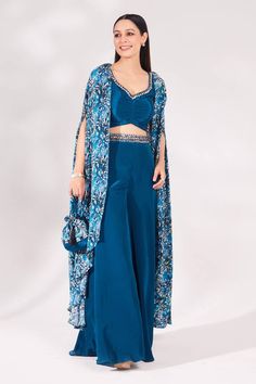 Teal blue shrug with floral print. Paired with cutdana, sequin, bead embellished padded top and palazzo. Comes with matching bag. - Aza Fashions Evening Party Wear Georgette Palazzo Set, Evening Palazzo Set With Sheer Dupatta For Eid, Designer Sequined Maxi Sets, Front Open Georgette Dupatta For Party, Floor-length Choli For Evening Eid, Floor-length Choli For Eid Evening, Floor-length Choli For Evening Eid Celebration, Evening Palazzo Set With Sheer Dupatta, Party Wear Palazzo Set For Evening Eid