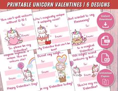 printable unicorn valentines 6 designs