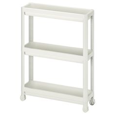 a white shelf with two shelves on each side and wheels to the bottom, against a white background