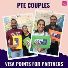 three people are holding up pictures and posing for the camera with text that reads, visa points for partners