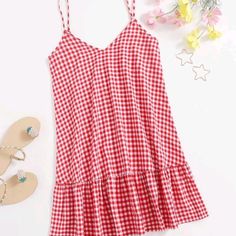 Brand New Never Worn Shein Brand Gingham Ruffle Hem Came Dress Size Xs Adjustable Straps 80 Cotton/20 Polyester Smoke Free/Pet Free Home Shein Dress, Shein Dresses, Cami Dress, Ruffle Hem, Dresses Xs, Gingham, Red White, Adjustable Straps, Womens Dresses