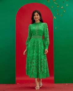 Create a timeless classic look with this Vintage Green Lace Long Dress. Cut from romantic lace fabric, this dress is an elegant addition to any wardrobe. With its exquisite detailing, its long sleeve length and romantic lace pattern, it conveys an aura of exquisite sophistication. The perfect choice for an evening out or special occasion. Our Style No.XW101305 Height - 66.9"/170cm Bust - 33.8"/86cm Waist - 24.4"/62cm Hips - 36.2"/92cm and wears size M About Wholesale/Dropshipping, please contact Lace Patchwork Midi Length Dress, Midi Length Lace Dress With Lace Patchwork, Feminine Long Sleeve Lace Midi Dress, Elegant Green Dress With Lace Patchwork, Long Sleeve Midi Dress With Lace Patchwork For Party, Lace Midi-length Dress With Lace Collar, Feminine Lace Midi Dress With Lace Sleeves, Formal Lace Midi Dress With Lace Sleeves, Fitted Long Sleeve Midi Dress With Lace Patchwork