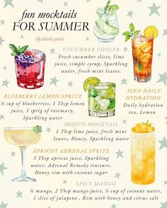 an image of cocktails for summer with names and pictures on the front page in english