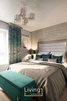 Teal and gold bedroom the Regent apartment Royal View White Tan Teal Bedroom, Teal Gray And Gold Bedroom Ideas, Teal And Oak Bedroom, Teal Master Bed, Teal Turquoise Bedroom, Copper And Teal Decor, Teal Navy Bedroom, Copper And Teal Bedroom Ideas, Teal Bedding Ideas Bedroom