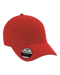 the red hat is embroidered on the side and has an oval patch that says imperial true fit