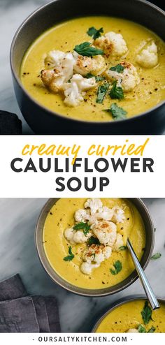 two bowls filled with cauliflower soup and garnished with parsley