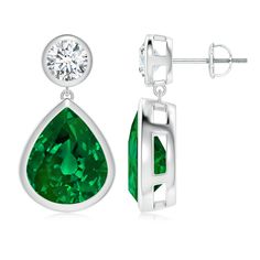 Lab-Grown Bezel-Set Emerald Teardrop Earrings Emerald Earrings, Teardrop Earrings, Bezel Setting, Lab Grown, Platinum, Emerald, 18k Gold, Lab, White Gold