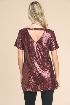 Shine bright in this sequin tunic top! The easiest way to look party ready - tunic top + skinny jeans! - 90% Acrylic, 10% Polyester Small 2-4, Medium 6-8, Large 10-12 Cheap Burgundy Party Tops, Sequin Tunic, Shine Bright, Tunic Top, To Look, Sequin, Tunic Tops, That Look, V Neck