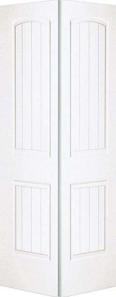 two white doors are open on a white background and one is closed to the side