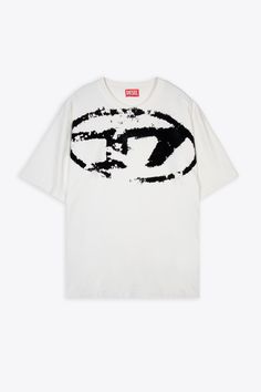 Off white cotton t-shirt with ribbed crewneck. Front flock logo print Oval D. Relaxed fit. Composition: 100% cotton. | Diesel Men's T-boxt-n14 Off white cotton t-shirt with flock logo print T Boxt N14 in Cream/Black | SS24 Diesel Men, Denim Design, Fashion Labels, Luxury Retail, Italian Fashion, Flocking, Logo Print, Cotton T Shirt, White Cotton