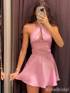 Elegant Halter A-line Short Homecoming Dress, HD32748 1. Material:satin,pognee.2. Color: it can be in custom color, please contact us and tell us dress number, then we will send you more colors to choose.3, Size: can do both standard size and custom size. If you need do custom sized dresses, please send us following measurements or leave a note when place an order.bust______ cm/inchwaist______cm/inchhip:_______cm/inchdress length:_______cm/inchshoulder to shoulder :_______cm/inch (measured from back of shoulder)shoulder to bust :_______cm/inch (measured from middle shoulder to nipple)shoulder to waist :_______cm/inch (measured from middle of shoulder to natural waist)shoulder to floor with shoes on :_______cm/inch (length from middle of shoulder over nipple to floor with shoes on)nipple to Pink Party Dresses, Short Homecoming Dress, Halter Mini Dress, Mini Dress Casual, Hoco Dresses, Homecoming Dresses Short, Fancy Dresses, Women's Fashion Dresses, Outfit Inspirationen