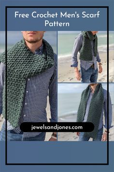 a man wearing a green scarf on top of a blue and white striped shirt with the words free crochet men's scarf pattern