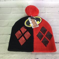 Up For Grabs Is A Brand New With Tag Dc Comics Batman Harley Quinn Sequin Knit Pom Cuff Beanie Hat Cap Black Red Color Block. Never Worn Or Used. Measurements Laying Flat Are Included In Photos, Please Compare Them To Your Own For Proper Fit! Please Refer To All Photos. Ask Any Questions Prior To Purchasing. Thanks! Dc Harley Quinn, Pikachu Hat, Batman Harley Quinn, Monster Hat, Sequin Knit, Velvet Hat, Embroidered Baseball Caps, Pink Hat, Retro Logo