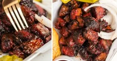 two pictures side by side one has bbq and the other has onions in it