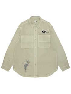 desert sage green cotton twill weave appliqué logo appliqué lettering embroidered paint-splatter classic collar front button fastening shirt sleeves two chest patch pockets curved hem Khaki Cotton Shirt For Streetwear, Spring Khaki Shirt For Streetwear, Spring Streetwear Khaki Shirt, Khaki Shirt For Spring Streetwear, Desert Sage, Twill Weave, Bathing Ape, A Bathing Ape, Paint Splatter