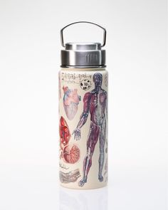 a stainless steel water bottle with an image of the human body on it