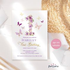 the first birthday party card is decorated with purple flowers and butterflies