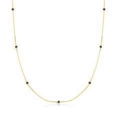 Ross-Simons - .20 ct. t. w. Sapphire Station Necklace in 14kt Yellow Gold. 18". RS Pure. Create the perfect layered look with delicate, modern jewelry. This minimalist necklace features .20 ct. t. w. sapphire rounds stationed along a simple cable chain in polished 14kt yellow gold. Perfect for daily wear, it complements all your go-to dainty necklaces. Includes a 2" extender. Springring clasp, sapphire station necklace. Sapphire birthstones are the perfect gift for September birthdays. Fine Jewelry Station Necklace With Cable Chain, 14k Gold Station Necklace With Delicate Chain, Fine Jewelry Round Station Necklace With Delicate Chain, Fine Jewelry Station Necklace With Adjustable Chain, Necklace Sapphire, Sapphire Birthstone, Dainty Necklaces, Gold Sign, Sapphire Color