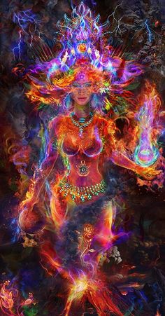 the woman is dancing with fire in her body and head, surrounded by colorful lights