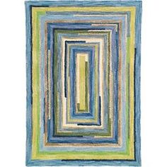 an abstract rug with blue, green and yellow stripes