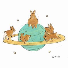 a drawing of rabbits sitting on top of a blue ball with stars in the background