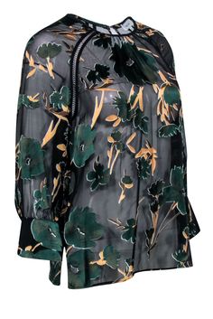 Get ready for fall with this Reiss semi-sheer blouse! Its feminine and flirty floral print, and the green and tan hues will have you looking your best this fall season. Go for a professional office look paired with a tank blouse underneath and pencil skirt! Size 4 56% Nylon, 44% Viscose Unlined Pullover Keyhole button back Long sleeves Eyelet trims Semi sheer Bust 34" Waist 36" Shoulder to hem 25" Sleeve length 24" Flowy Floral Print Blouse For Work, Workwear Flowy Floral Print Blouse, Green Printed Blouse For Party, Printed Green Blouse For Party, Green Long Sleeve Blouse With Floral Print, Summer Green Tops With Sheer Sleeves, Summer Green Top With Sheer Sleeves, Green Top With Sheer Sleeves For Summer, Fall Green Printed Blouse