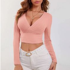 Shein Surplice Neck Rib-Knit Crop Top. This Has A Few Small Mark On It. New With Tags, Never Worn. 100% Cotton Slight Stretch #Tds356m Blue Peplum Top, Lace Sleeve Top, Crop Top Sweatshirt, Crop T Shirt, Ribbed Crop Top, Cropped Tops, Women T Shirts, Knit Crop Top, Shein Tops