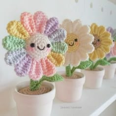 crocheted flowers in small pots with faces on them