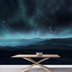 an image of a night sky with stars and the milky in the distance wallpaper mural