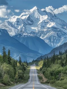 an empty road in the mountains with snow capped mountain range behind it and trees on both sides