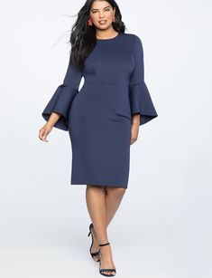 Flare Sleeve Scuba Dress NAVY Fitted Bell Sleeve Dress For Fall, Stretch Bell Sleeve Evening Dress, Formal Midi Dress With Bell Sleeves For Fall, Formal Fall Midi Dress With Bell Sleeves, Fall Ruffle Sleeve Midi Dress, Fall Fitted Midi Dress With Ruffle Sleeves, Fall Midi Dress With Ruffle Sleeves And Fitted Design, Elegant Fitted Mini Dress With Bell Sleeves, Formal Fitted Mini Dress With Bell Sleeves