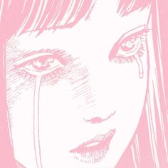 a drawing of a woman's face with long hair and blue eyes, pink background