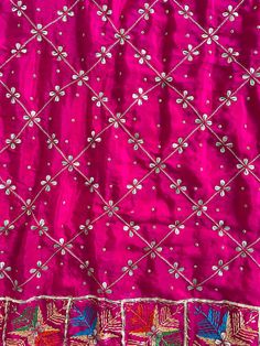 This elegant traditional Rani Pink Phulkari Dupatta is expertly crafted from Pure Chinon Silk, with Gotta Patti and phulkari hand embroidery all over. The perfect choice for weddings, sangeet, jaago, and chunni ceremonies. Material: Pure silk chinon Work: Silk thread phulkari handwork, all over gotta patti work Pattern: Floral Size: Full Size 2.5 meters Dispatched in 1-3 business days Product Note:​ This is a handcrafted product from artisans and producer groups and due to the nature of the prod Phulkari Pants, Gotta Patti Work, Patiala Salwar Suits, Bridal Dupatta, Rani Pink, Phulkari Dupatta, Gotta Patti, Work Pattern, Party Wear Lehenga